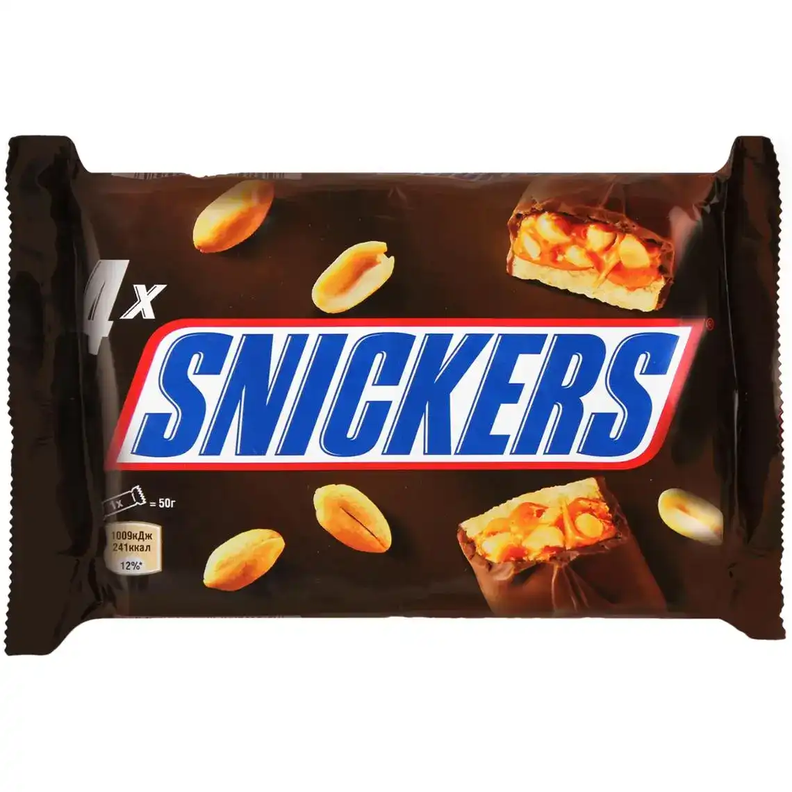 Батончик Snickers шоколадний з нугою, карамеллю і арахісом 4 х 50 г