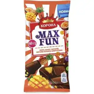 Шоколад Корона Max Fun молочний з манго, ананасом, маракуйей, рисовими кульками і карамеллю 160 г