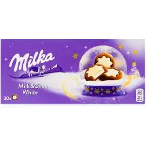 Печиво Milka Milk and Choc White з молочною начинкою та какао, частково вкрите білим шоколадом 187 г